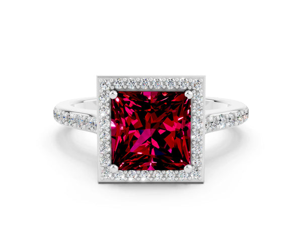 Platinum Princess Cut Garnet Halo Engagement Ring with Round Pavé Shoulders and Prong Setting