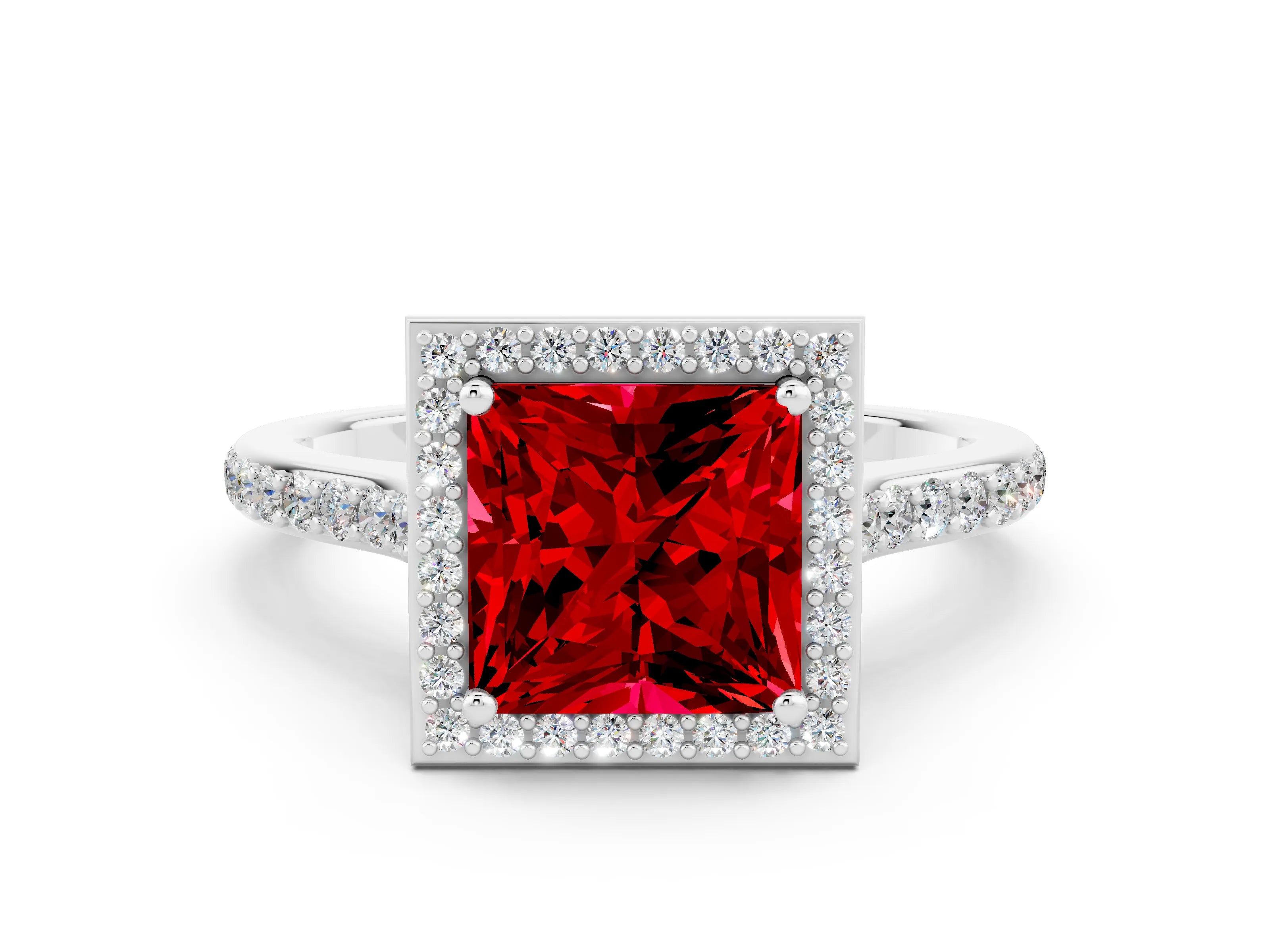 White gold Princess Cut Halo Round Diamond Pavé Band with Four-Prong Setting