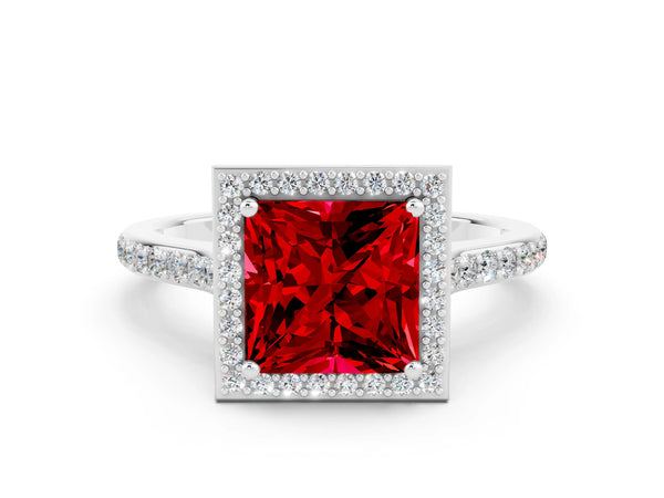 Platinum Princess Cut Halo Round Diamond Pavé Band with Four-Prong Setting