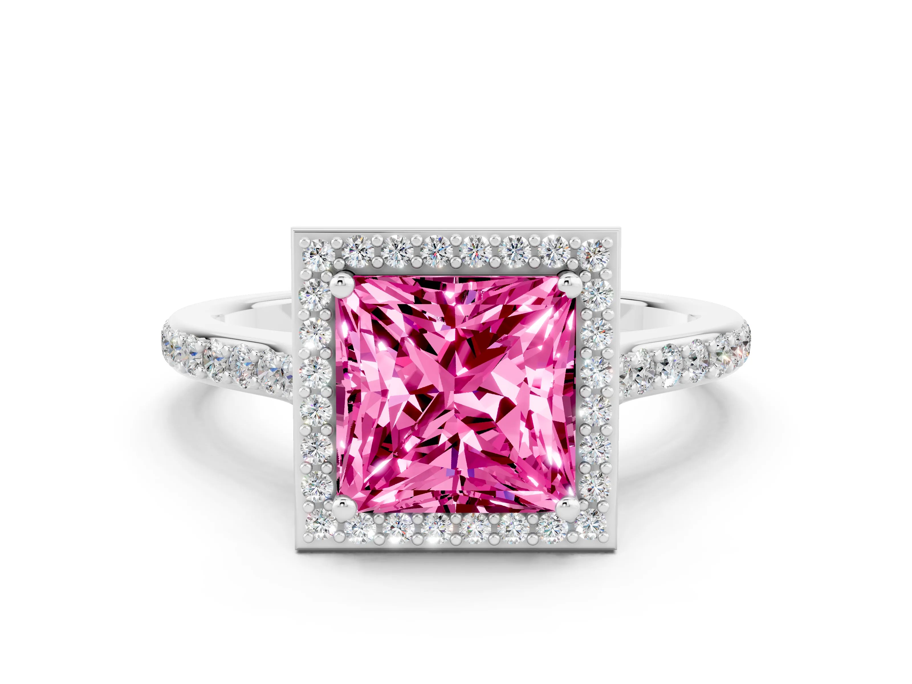 White gold Princess Cut Halo Round Diamond Pavé Band with Four-Prong Setting