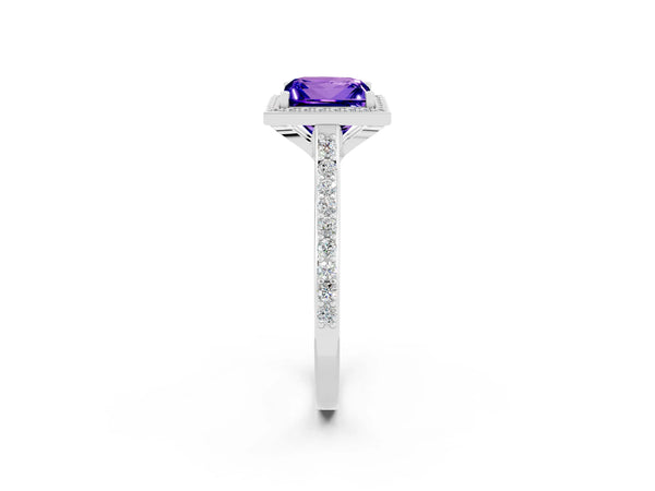 White gold Princess Cut Tanzanite Halo Engagement Ring with Round Pavé Shoulders and Prong Setting