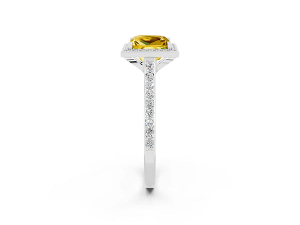White gold Princess Cut Yellow Sapphire Halo Engagement Ring with Round Pavé Shoulders and Prong Setting