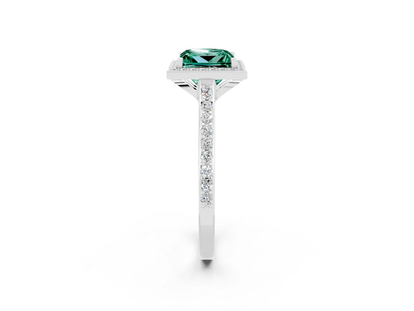 Silver Princess Cut Green Sapphire Halo Engagement Ring with Round Pavé Shoulders and Prong Setting
