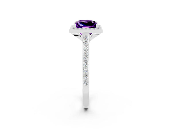 Platinum Princess Cut Amethyst Halo Engagement Ring with Round Pavé Shoulders and Prong Setting