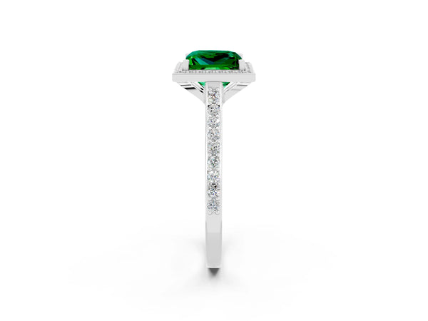 Platinum Princess Cut Emerald Halo Engagement Ring with Round Pavé Shoulders and Prong Setting