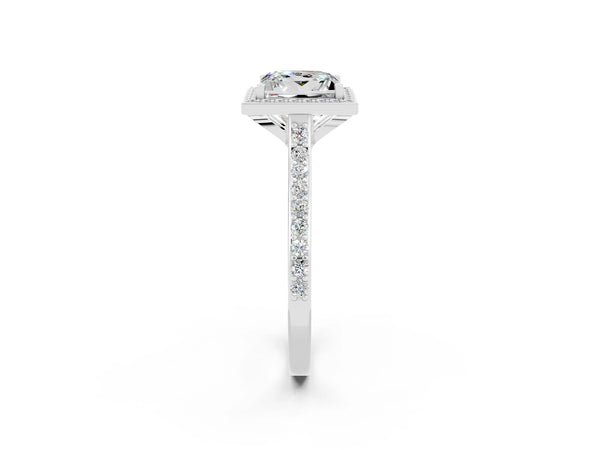 Silver Princess Cut Moissanite Halo Engagement Ring with Round Pavé Shoulders and Prong Setting