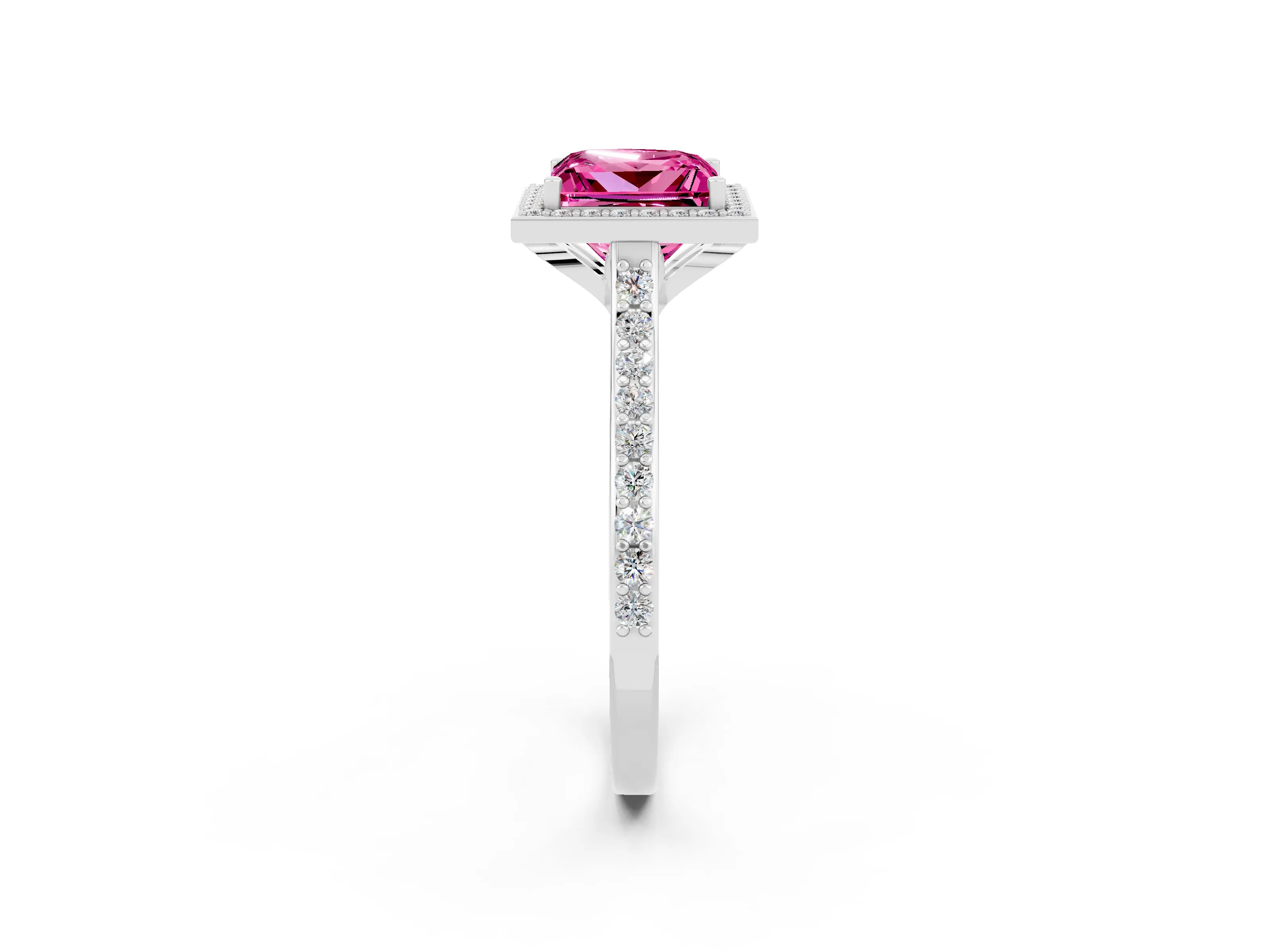 White gold Princess Cut Halo Round Diamond Pavé Band with Four-Prong Setting_2