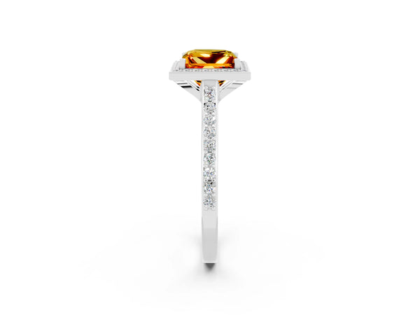 Silver Princess Cut Citrine Halo Engagement Ring with Round Pavé Shoulders and Prong Setting