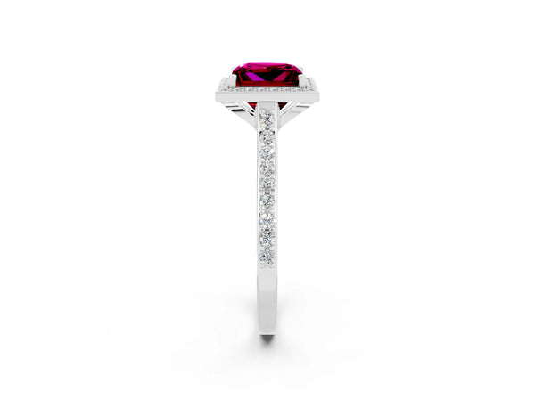 Platinum Princess Cut Garnet Halo Engagement Ring with Round Pavé Shoulders and Prong Setting