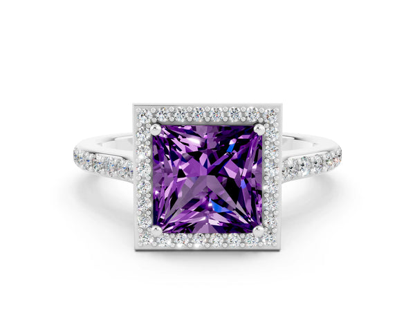 Platinum Princess Cut Amethyst Halo Engagement Ring with Round Pavé Shoulders and Prong Setting
