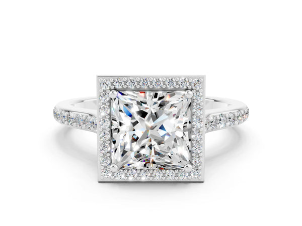 White gold Princess Cut Moissanite Halo Engagement Ring with Round Pavé Shoulders and Prong Setting