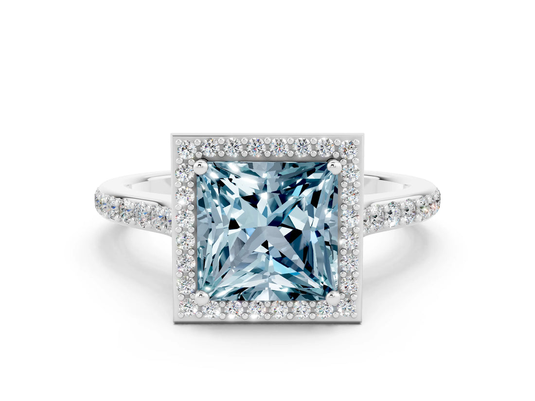 White gold Princess Cut Halo Round Diamond Pavé Band with Four-Prong Setting