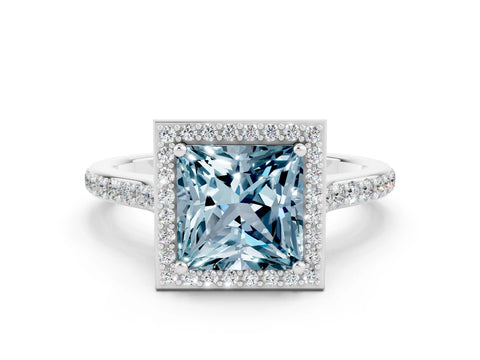White gold Princess Cut Halo Round Diamond Pavé Band with Four-Prong Setting