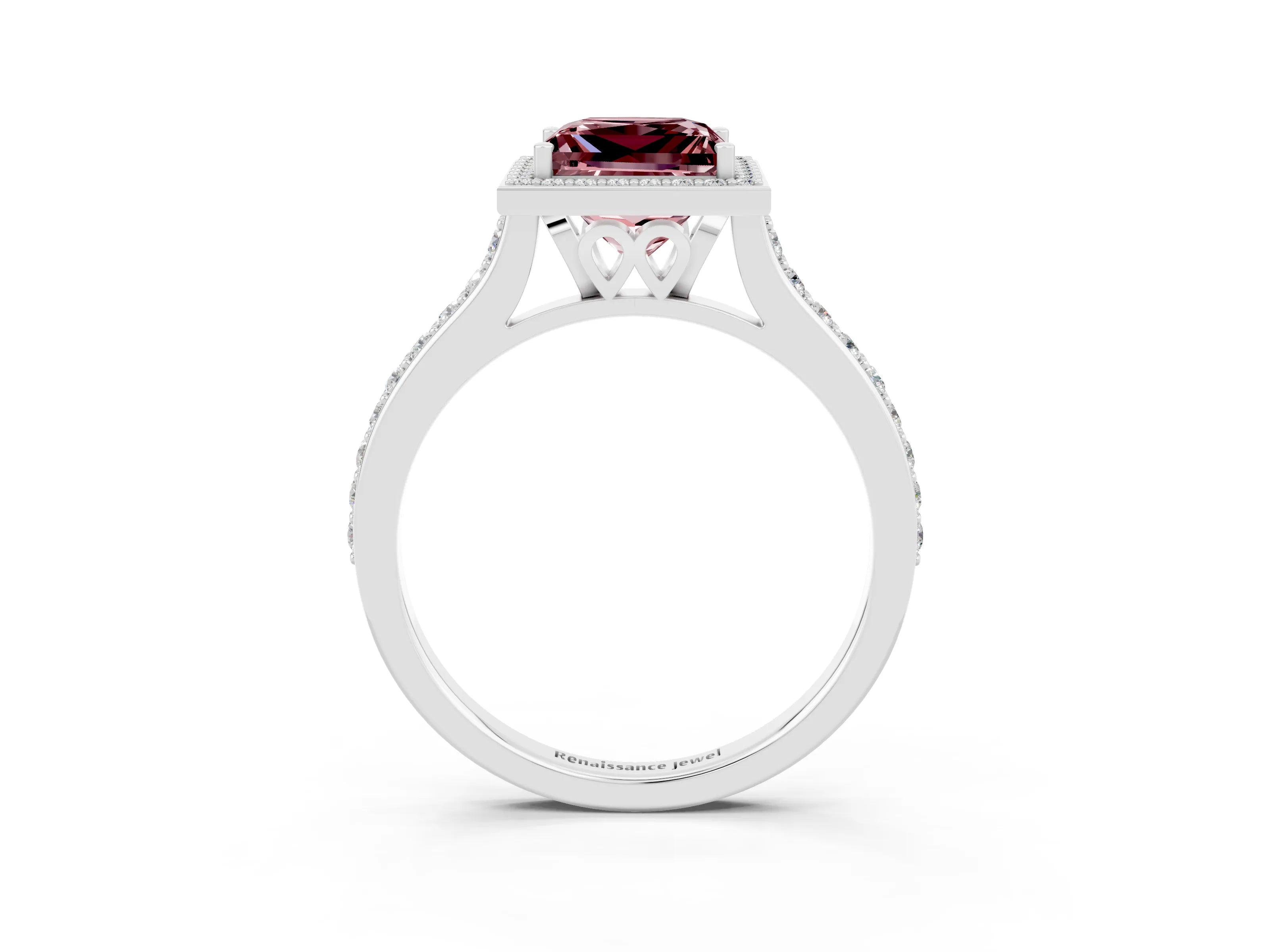 White gold Princess Cut Halo Round Diamond Pavé Band with Four-Prong Setting_3