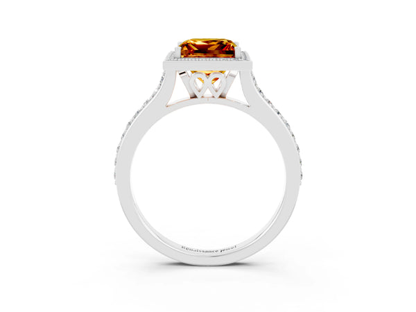 White gold Princess Cut Citrine Halo Engagement Ring with Round Pavé Shoulders and Prong Setting