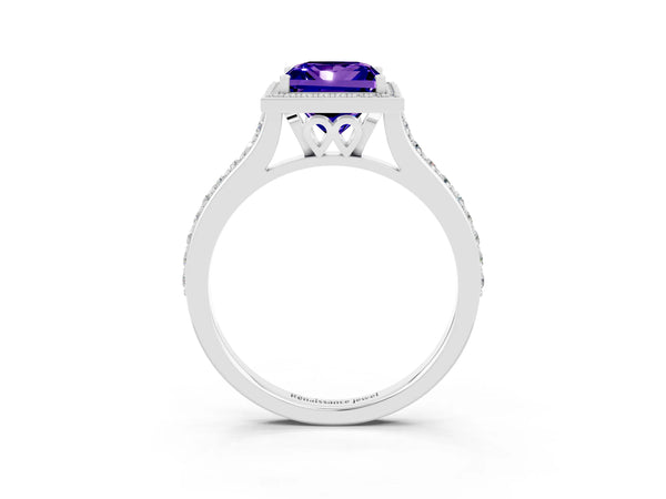 Silver Princess Cut Tanzanite Halo Engagement Ring with Round Pavé Shoulders and Prong Setting