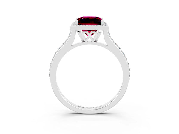 Platinum Princess Cut Garnet Halo Engagement Ring with Round Pavé Shoulders and Prong Setting
