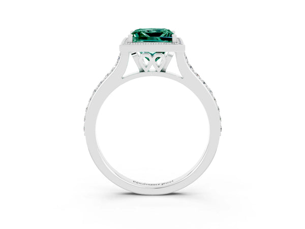 Platinum Princess Cut Green Sapphire Halo Engagement Ring with Round Pavé Shoulders and Prong Setting
