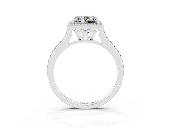 Silver Princess Cut Moissanite Halo Engagement Ring with Round Pavé Shoulders and Prong Setting