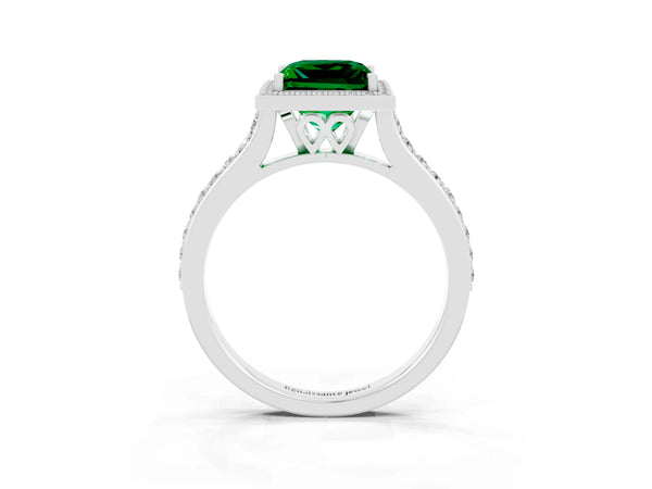 Platinum Princess Cut Emerald Halo Engagement Ring with Round Pavé Shoulders and Prong Setting