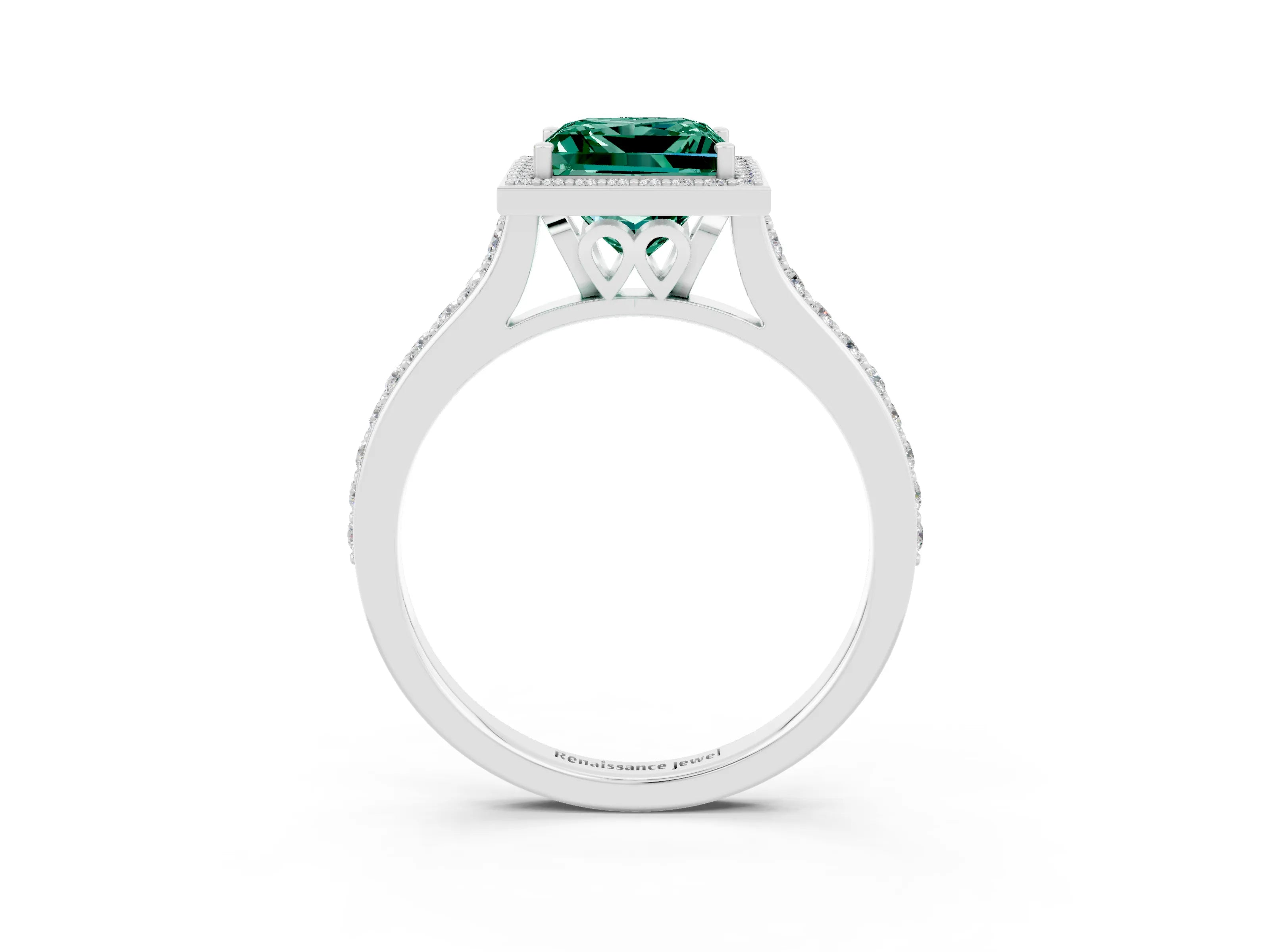 White gold Princess Cut Halo Round Diamond Pavé Band with Four-Prong Setting_3