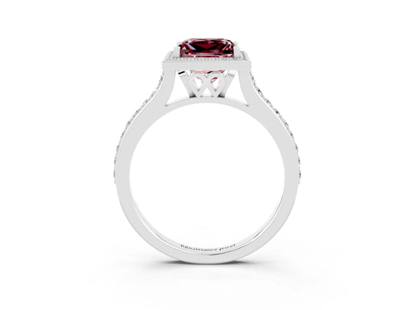 Platinum Princess Cut Halo Round Diamond Pavé Band with Four-Prong Setting
