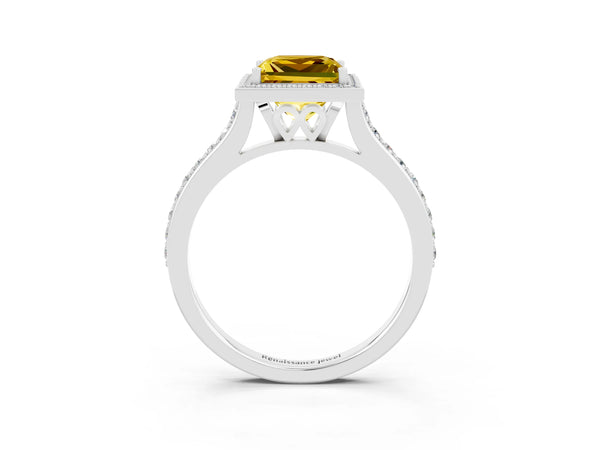 Silver Princess Cut Yellow Sapphire Halo Engagement Ring with Round Pavé Shoulders and Prong Setting