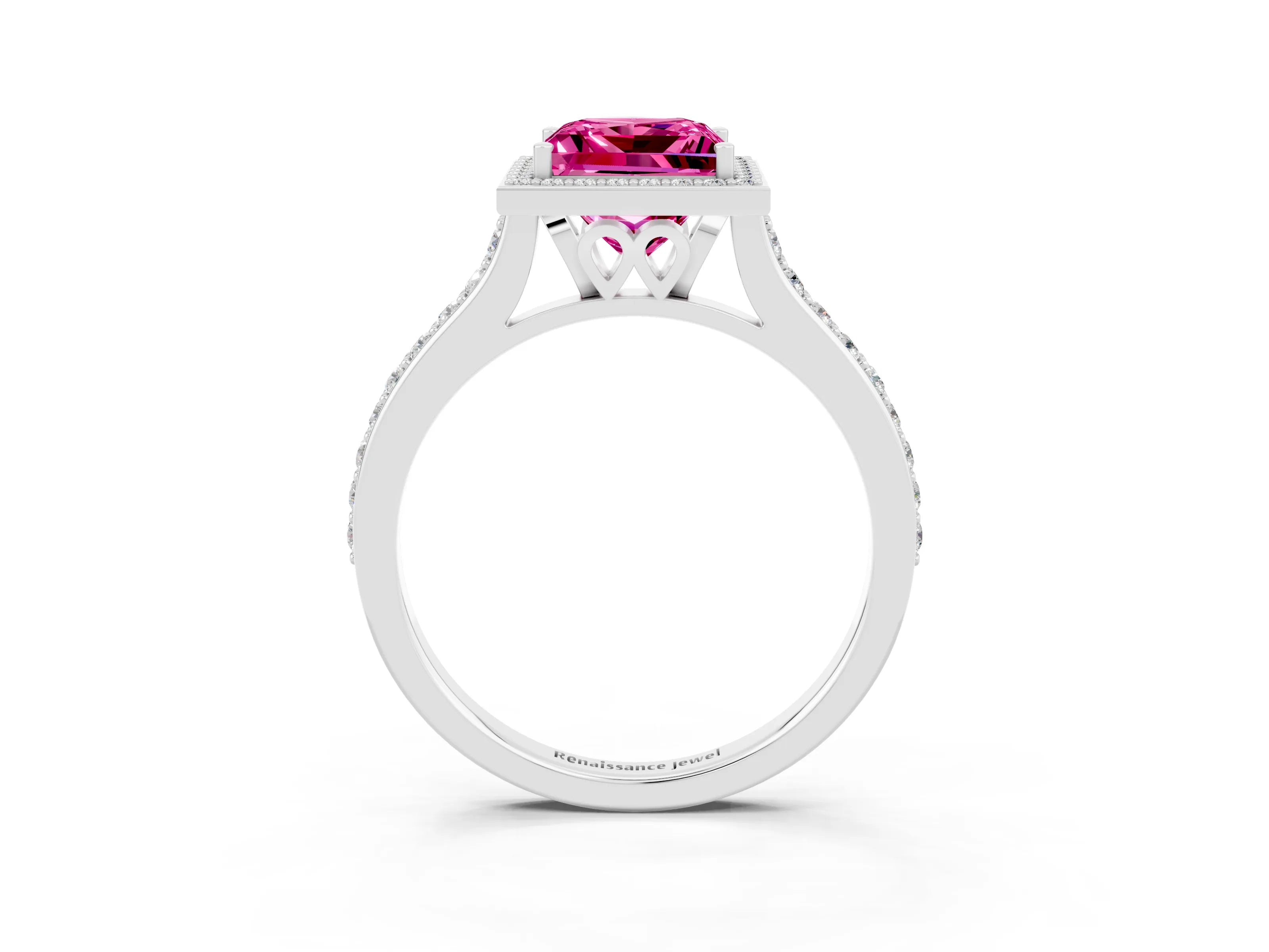 White gold Princess Cut Halo Round Diamond Pavé Band with Four-Prong Setting_3