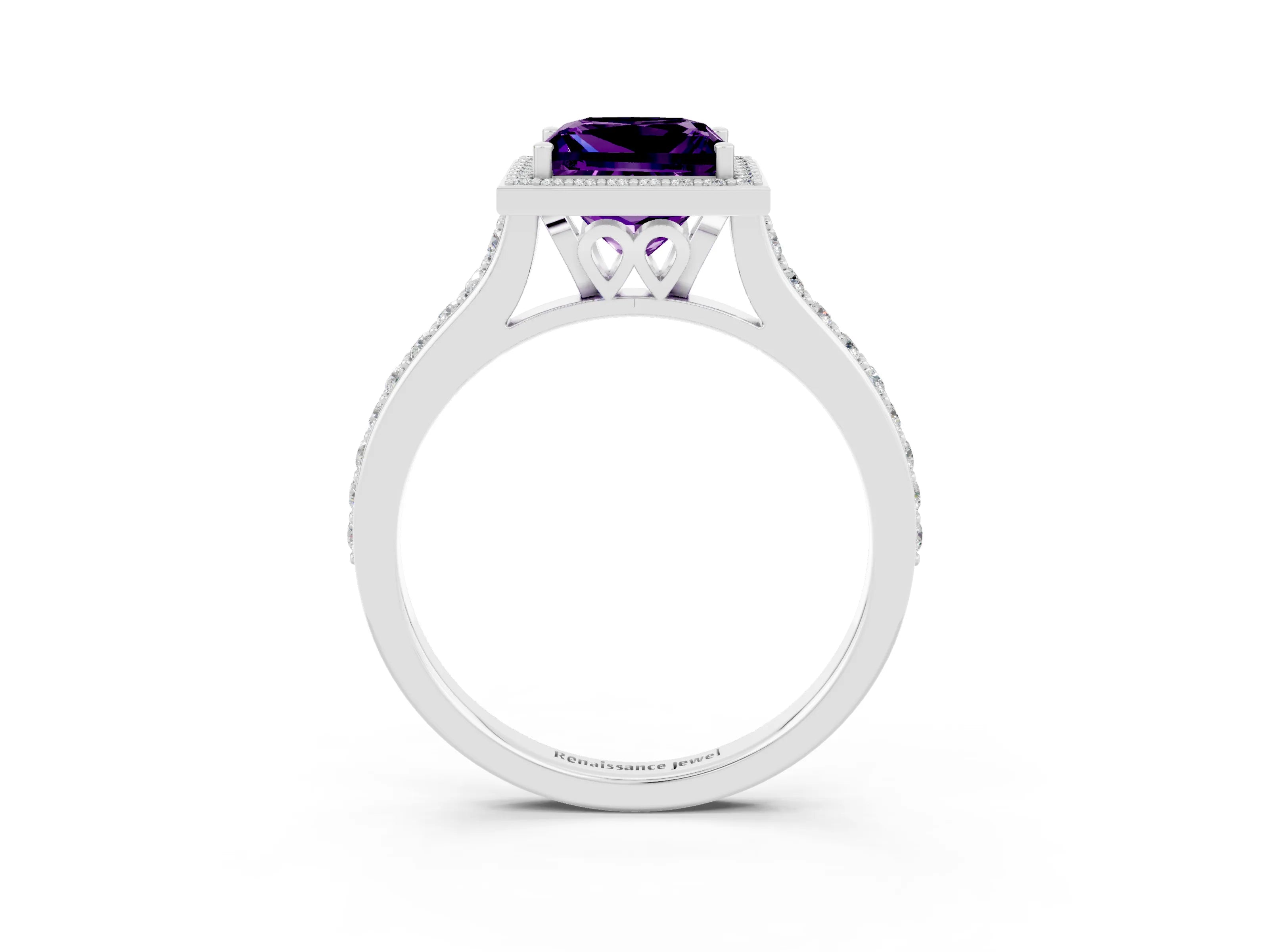 White gold Princess Cut Halo Round Diamond Pavé Band with Four-Prong Setting_3