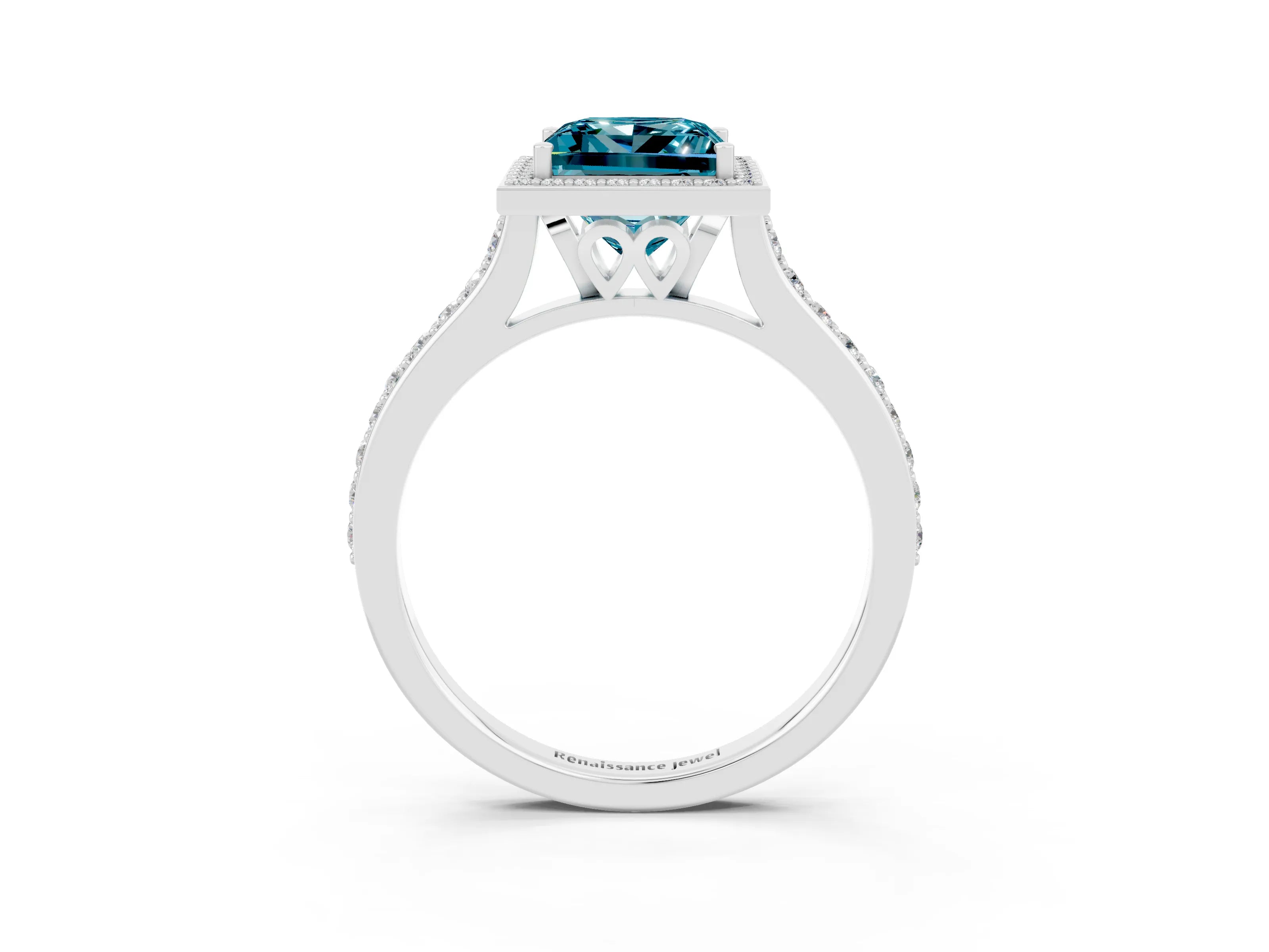 White gold Princess Cut Halo Round Diamond Pavé Band with Four-Prong Setting_3