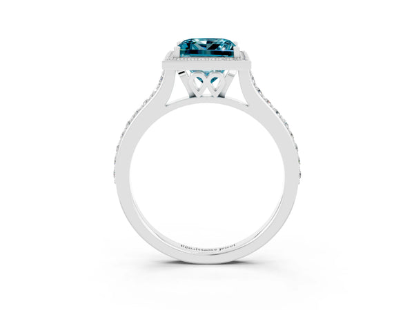Platinum Princess Cut Halo Round Diamond Pavé Band with Four-Prong Setting