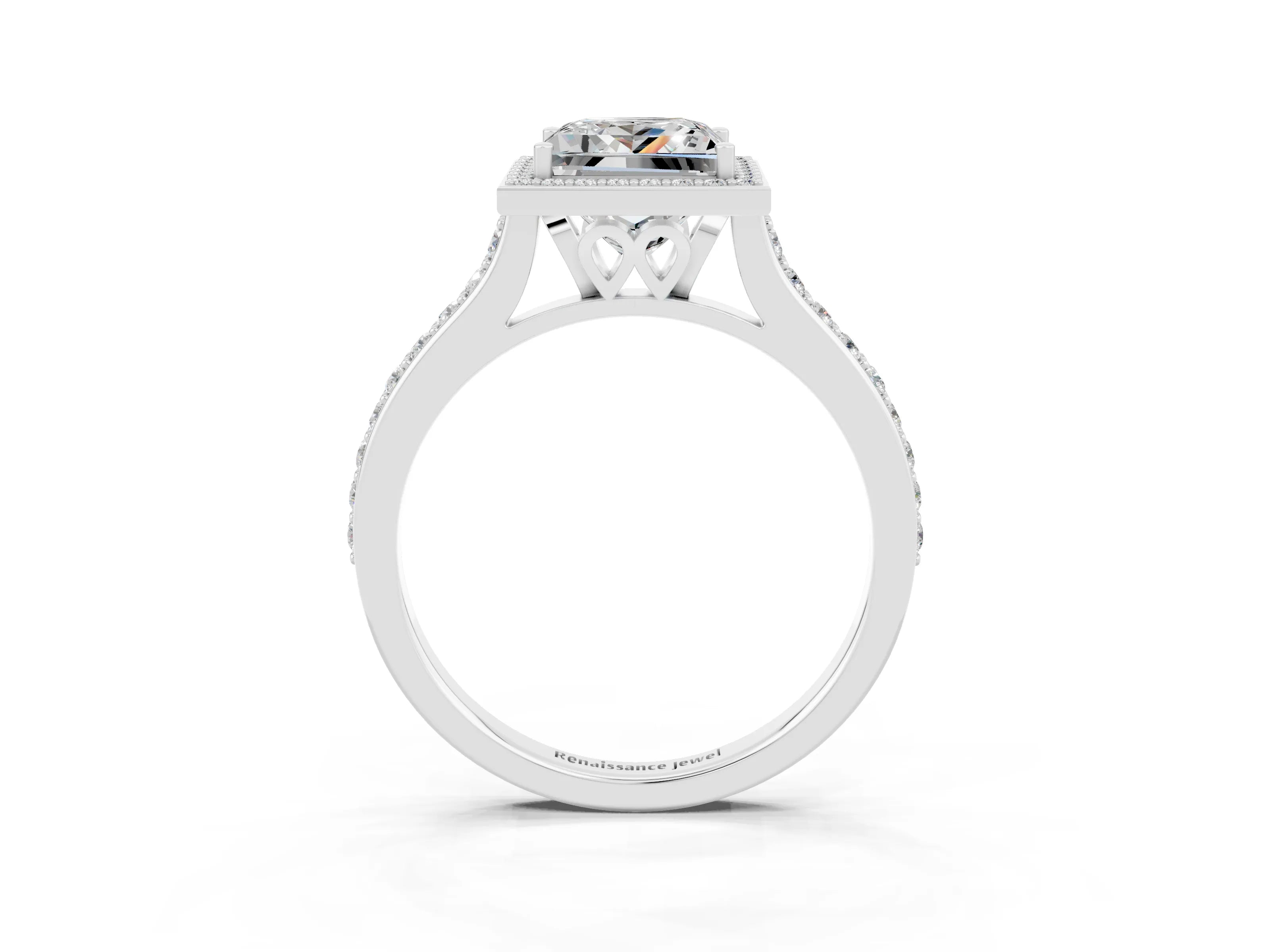 White gold Princess Cut Halo Round Diamond Pavé Band with Four-Prong Setting_3