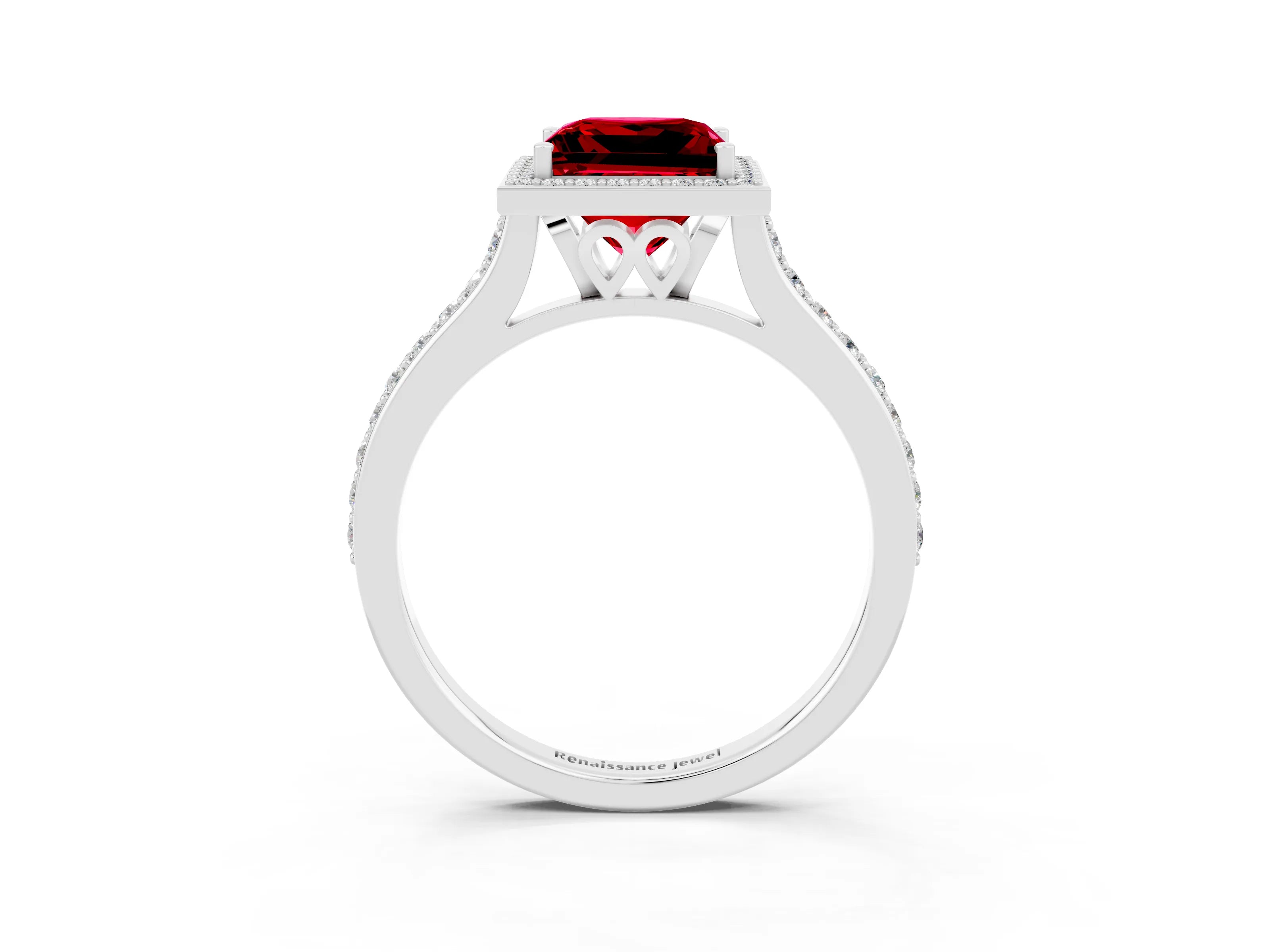 White gold Princess Cut Halo Round Diamond Pavé Band with Four-Prong Setting_3