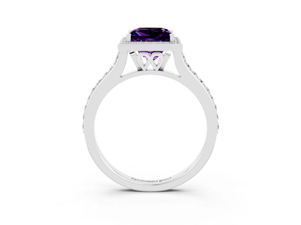 Platinum Princess Cut Amethyst Halo Engagement Ring with Round Pavé Shoulders and Prong Setting