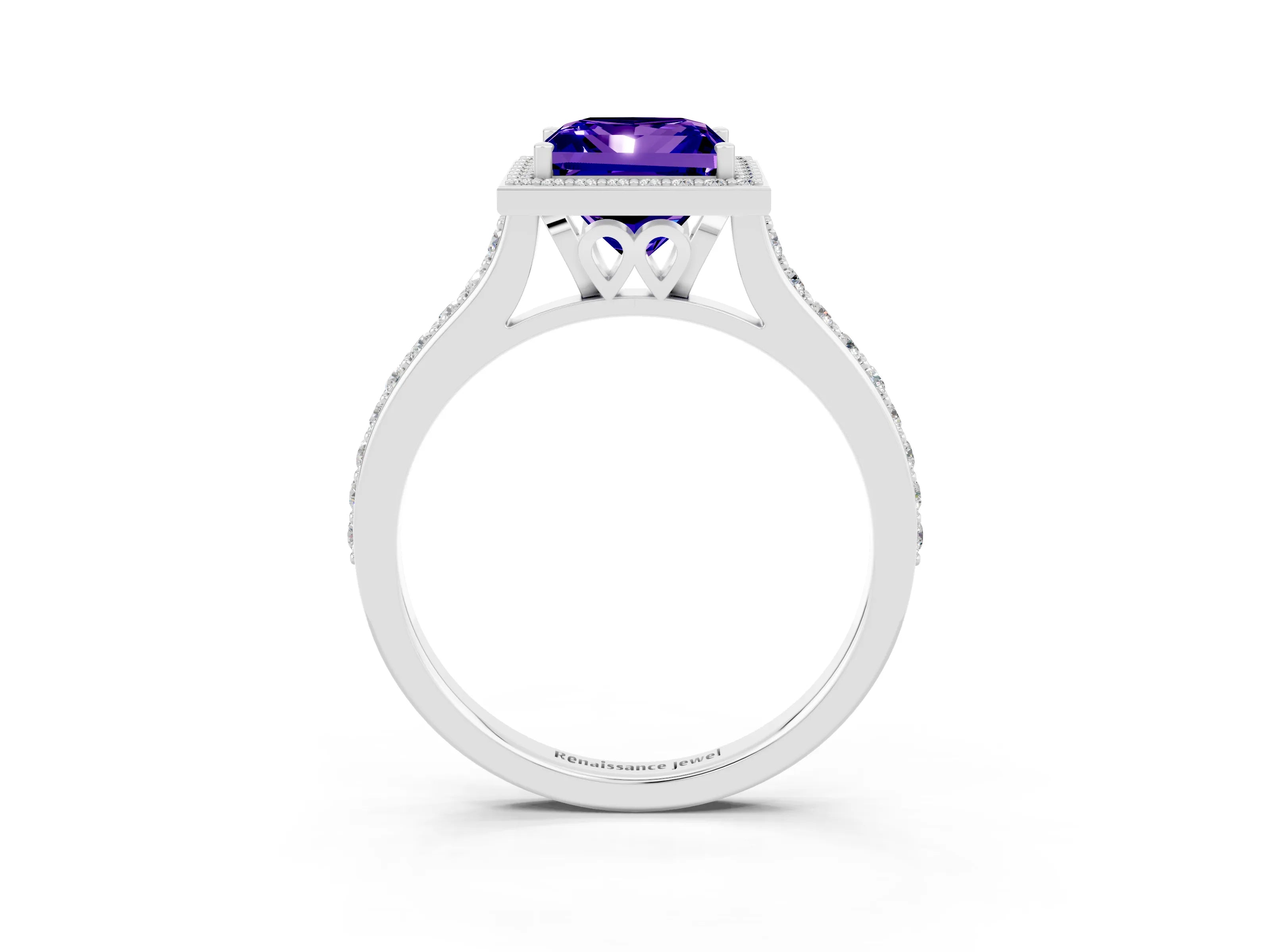 White gold Princess Cut Halo Round Diamond Pavé Band with Four-Prong Setting_3