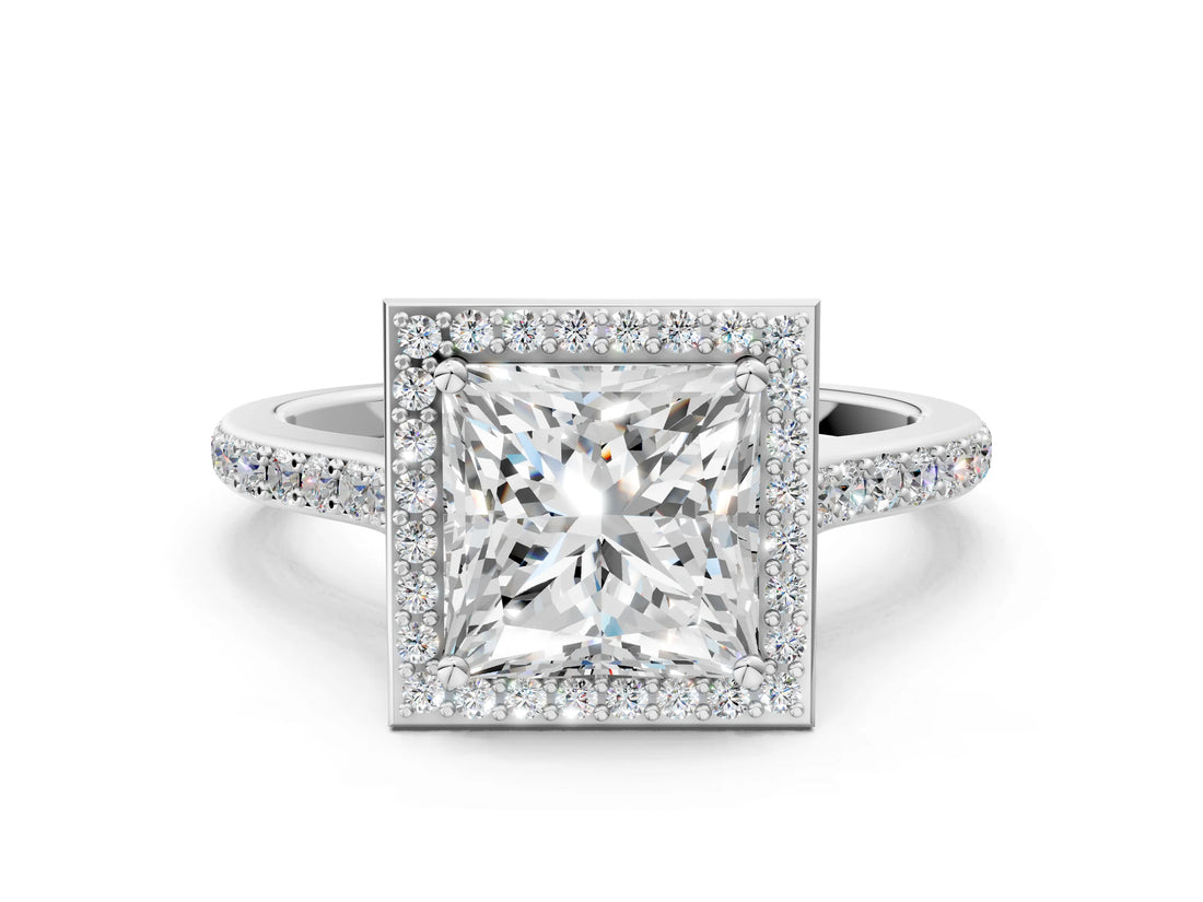 White gold Princess Cut Halo Round Diamond Pavé Band with Four-Prong Setting_3