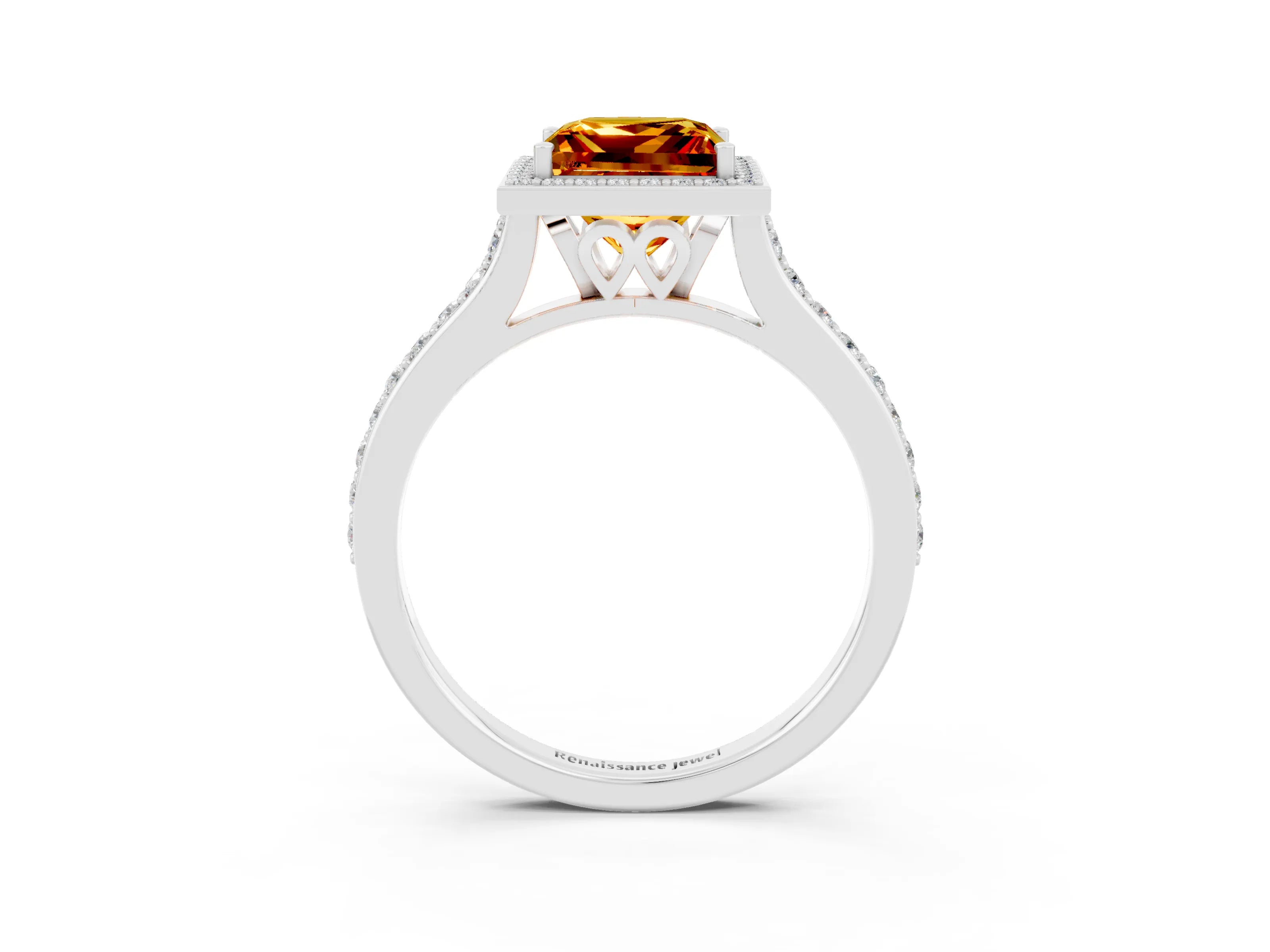 White gold Princess Cut Halo Round Diamond Pavé Band with Four-Prong Setting_3