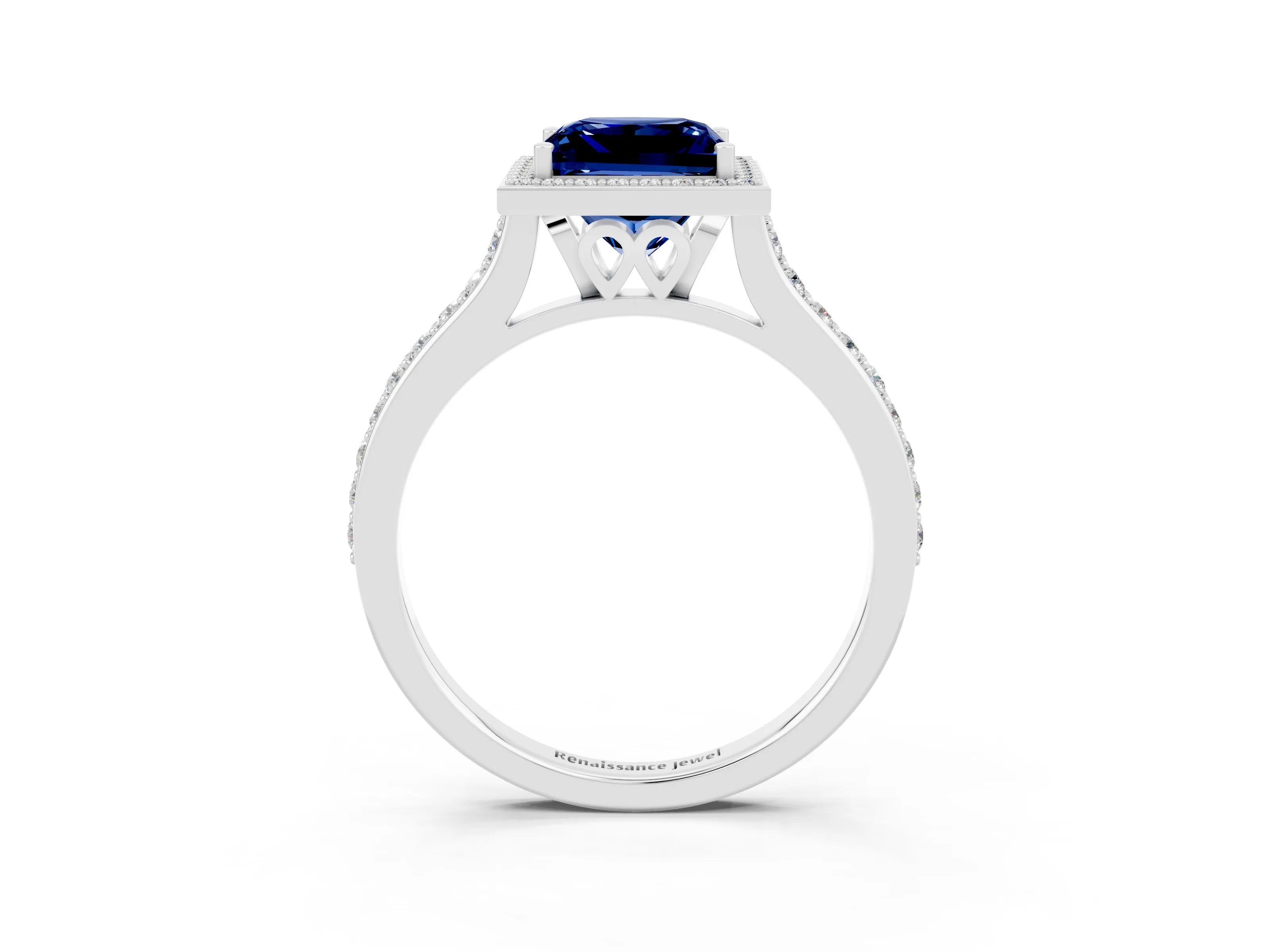 White gold Princess Cut Halo Round Diamond Pavé Band with Four-Prong Setting_3