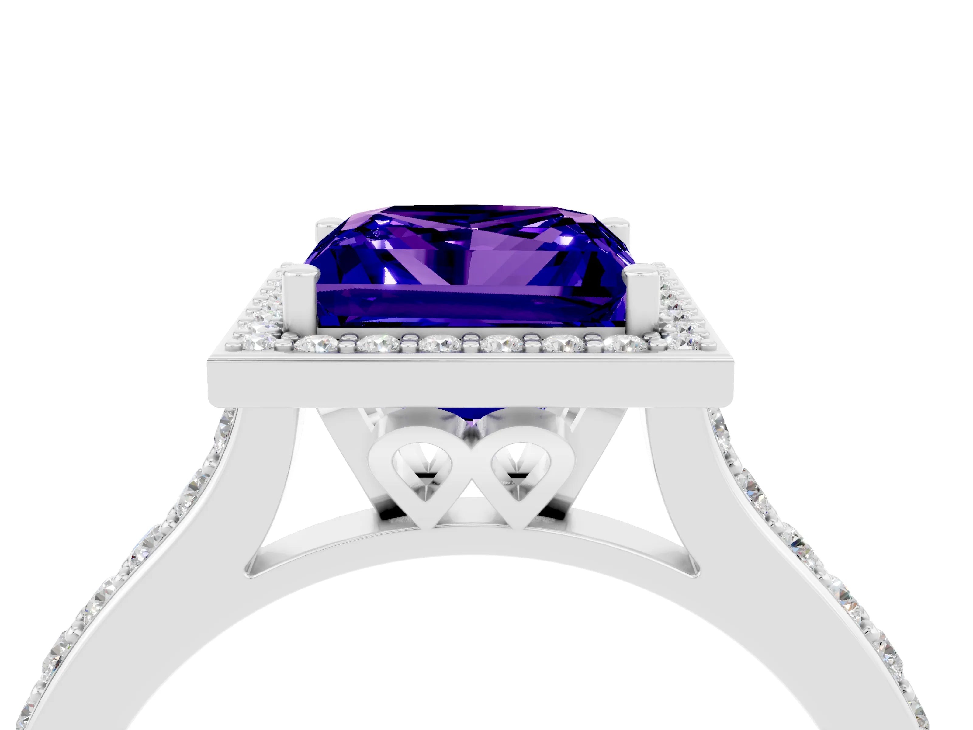 White gold Princess Cut Halo Round Diamond Pavé Band with Four-Prong Setting_4