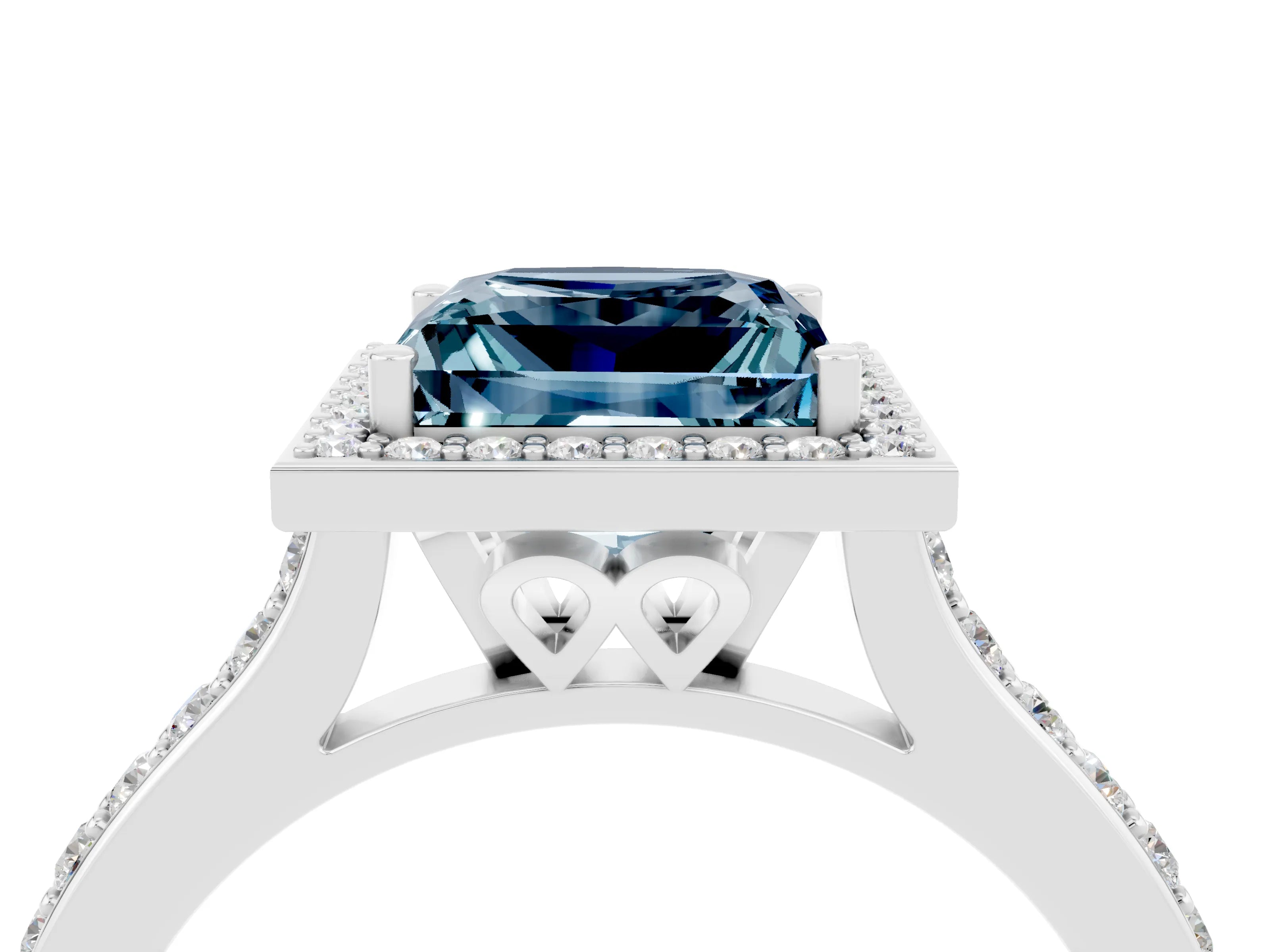 White gold Princess Cut Halo Round Diamond Pavé Band with Four-Prong Setting_4