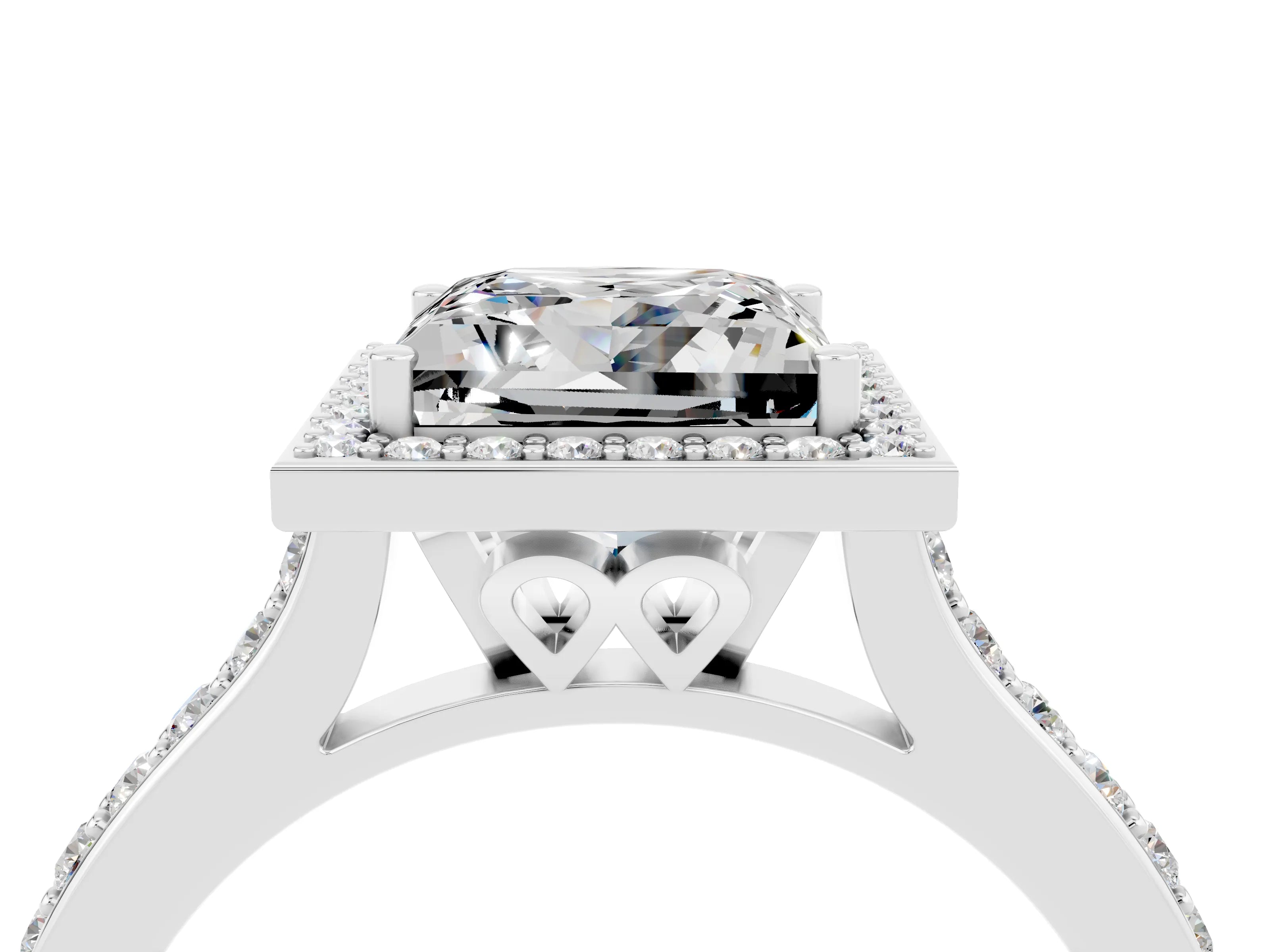 White gold Princess Cut Halo Round Diamond Pavé Band with Four-Prong Setting_4