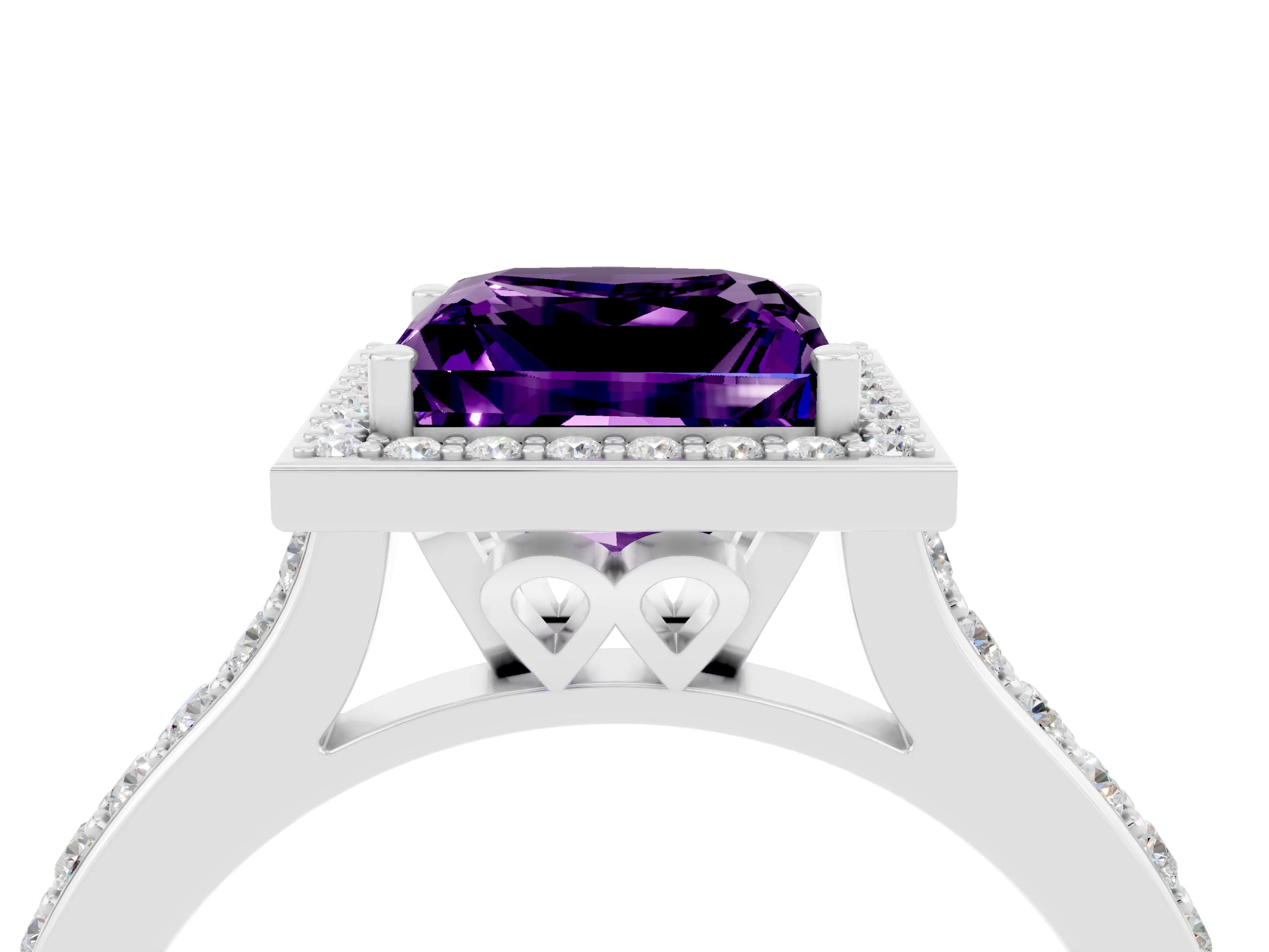 White gold Princess Cut Halo Round Diamond Pavé Band with Four-Prong Setting_4