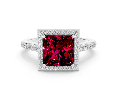 White gold Princess Cut Halo Round Diamond Pavé Band with Four-Prong Setting