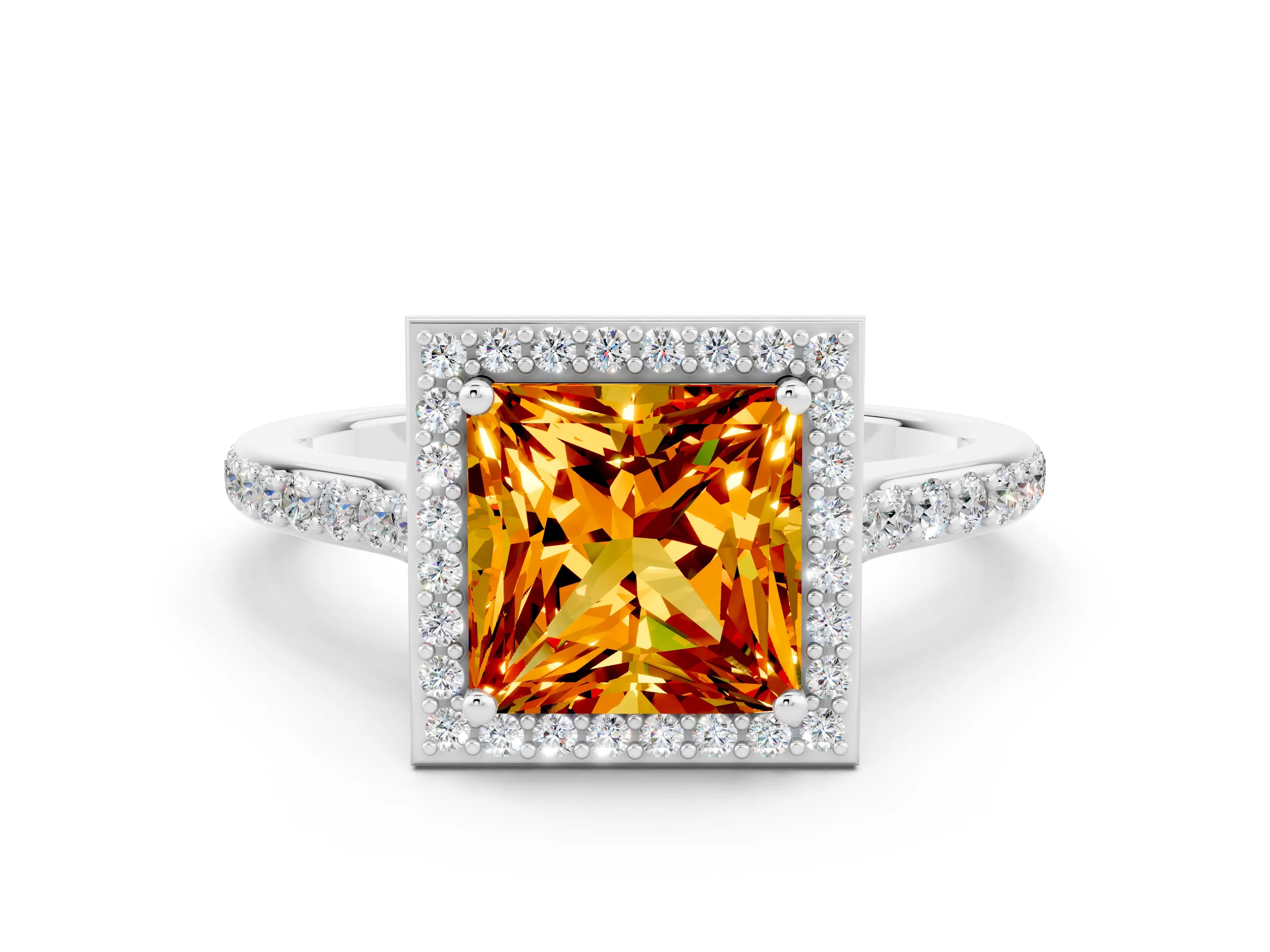 White gold Princess Cut Halo Round Diamond Pavé Band with Four-Prong Setting