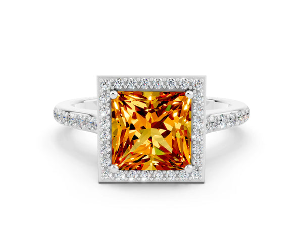 Platinum Princess Cut Citrine Halo Engagement Ring with Round Pavé Shoulders and Prong Setting