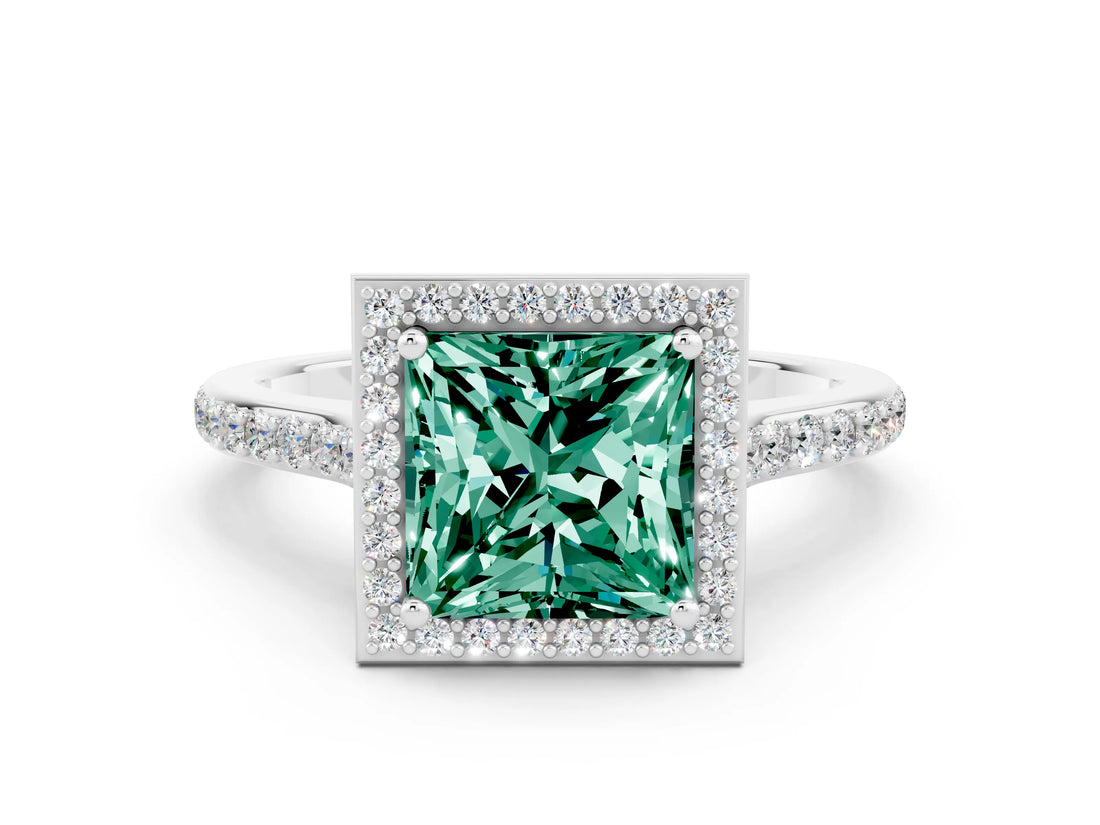 White gold Princess Cut Halo Round Diamond Pavé Band with Four-Prong Setting