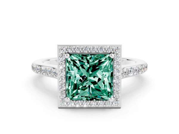 Platinum Princess Cut Green Sapphire Halo Engagement Ring with Round Pavé Shoulders and Prong Setting