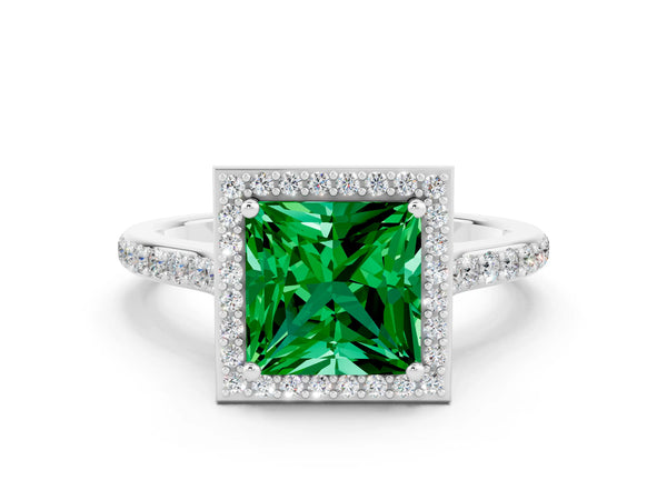 Platinum Princess Cut Emerald Halo Engagement Ring with Round Pavé Shoulders and Prong Setting