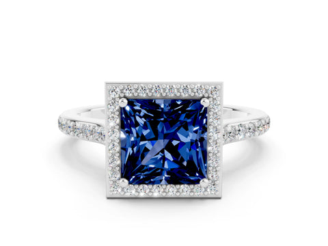 White gold Princess Cut Halo Round Diamond Pavé Band with Four-Prong Setting