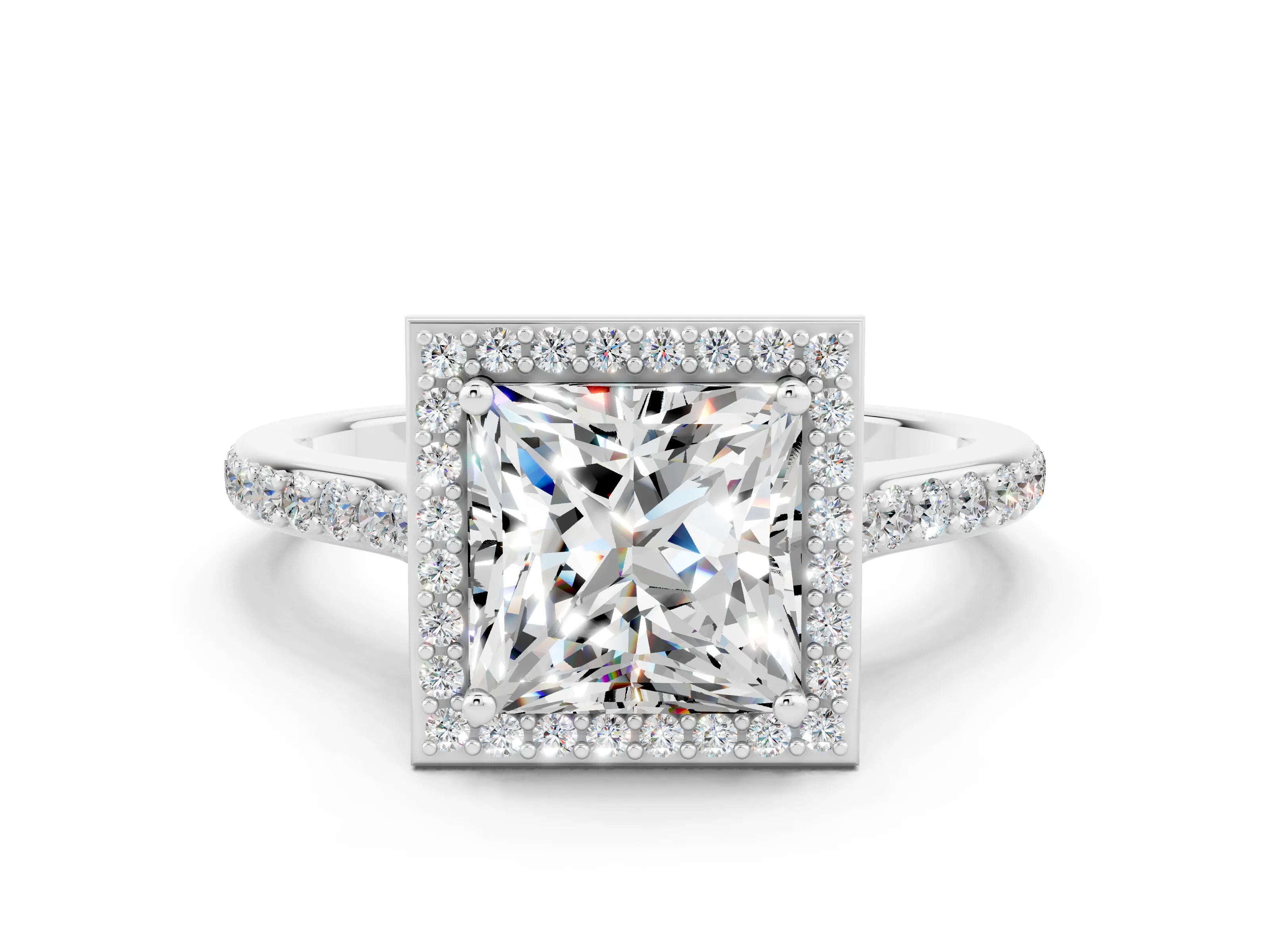 White gold Princess Cut Halo Round Diamond Pavé Band with Four-Prong Setting
